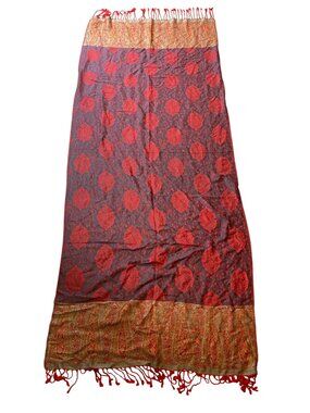 Red & Gold Paisley Cashmere Scarf With Fringe Luxurious Soft Wrap